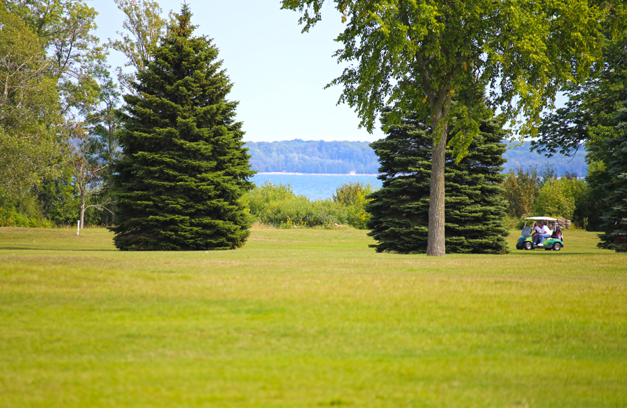 Hole 8 shoreline corridor at Nahma Golf Club, lake visible through trees.